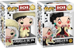 Funko Pop Cruella d’Enfer 101 Dalmatiens avec chance d’obtenir la version Chase rare. Une figurine Disney culte pour collectionneurs.