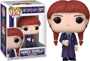 Découvrez la Funko Pop Agnes DeMille Wednesday : design fidèle, tenue violette iconique et café à la main.