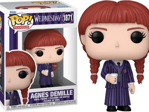 Découvrez la Funko Pop Agnes DeMille Wednesday : design fidèle, tenue violette iconique et café à la main.