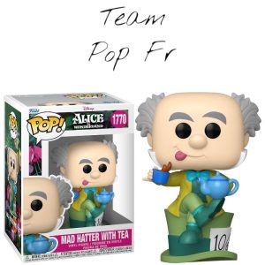 Découvrez la Funko Pop du Chapelier Fou d'Alice au Pays des Merveilles, assis sur son chapeau vert avec sa tasse de thé.
